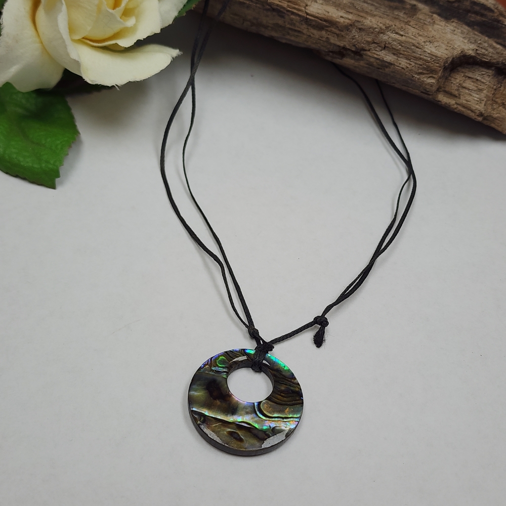 Iridescent Abalone Shell Like Wood Pendant Cord Necklace